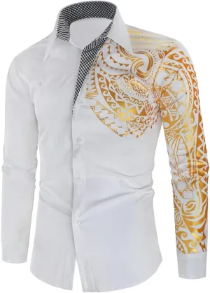 DGHM-JLMY Men's Totem Gold Printed Long Sleeve Shirt Hipster Slim Fit Button Up Party Dress Shirts Gold Shiny Stylish Shirt