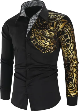 DGHM-JLMY Men's Totem Gold Printed Long Sleeve Shirt Hipster Slim Fit Button Up Party Dress Shirts Gold Shiny Stylish Shirt