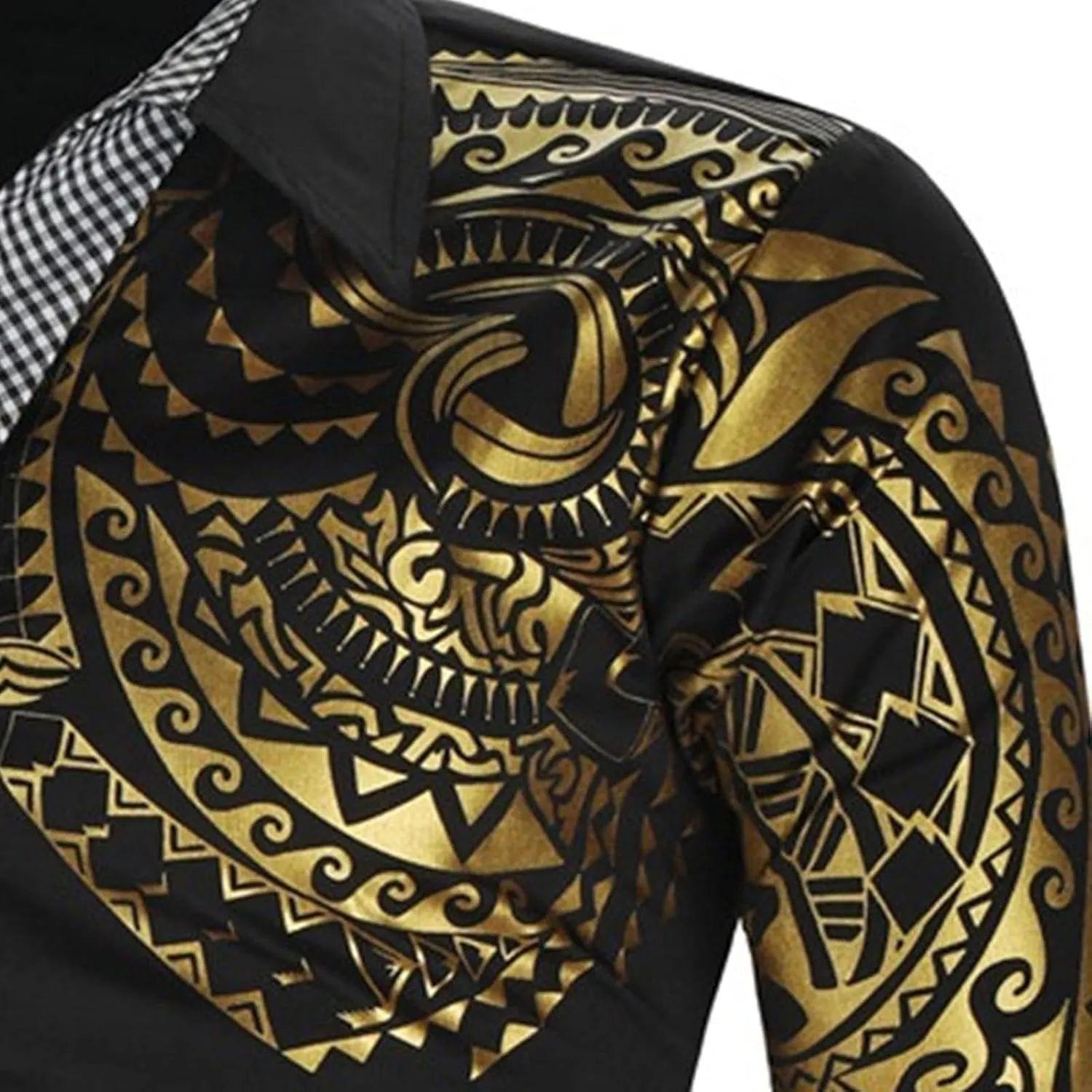 DGHM-JLMY Men's Totem Gold Printed Long Sleeve Shirt Hipster Slim Fit Button Up Party Dress Shirts Gold Shiny Stylish Shirt