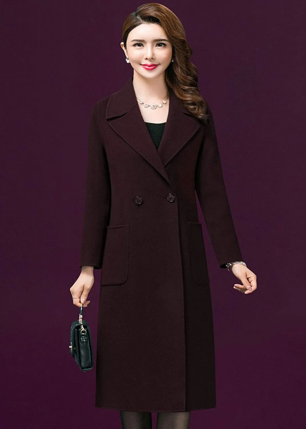 ebossy Women's Lapel 2 Button Slim Fit Long Wool Coat with Patch Pocket