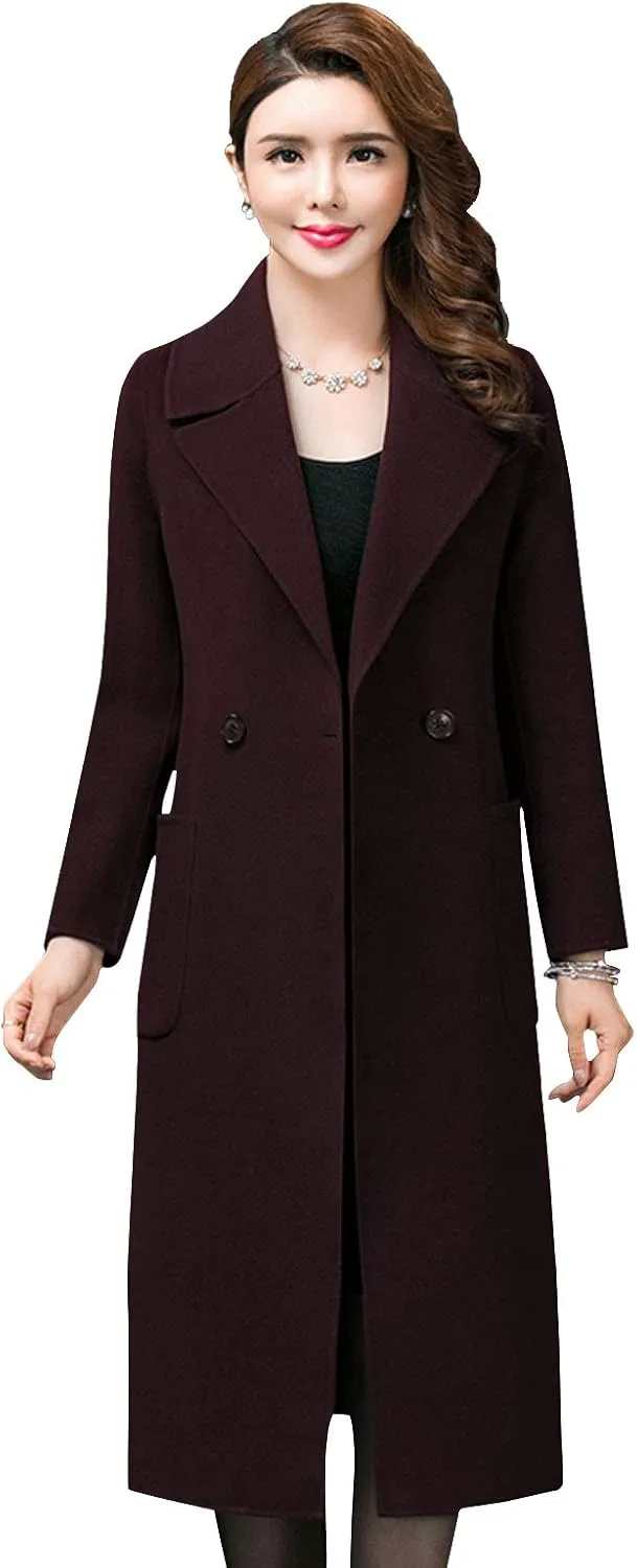 ebossy Women's Lapel 2 Button Slim Fit Long Wool Coat with Patch Pocket