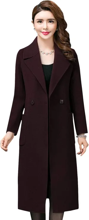 ebossy Women's Lapel 2 Button Slim Fit Long Wool Coat with Patch Pocket