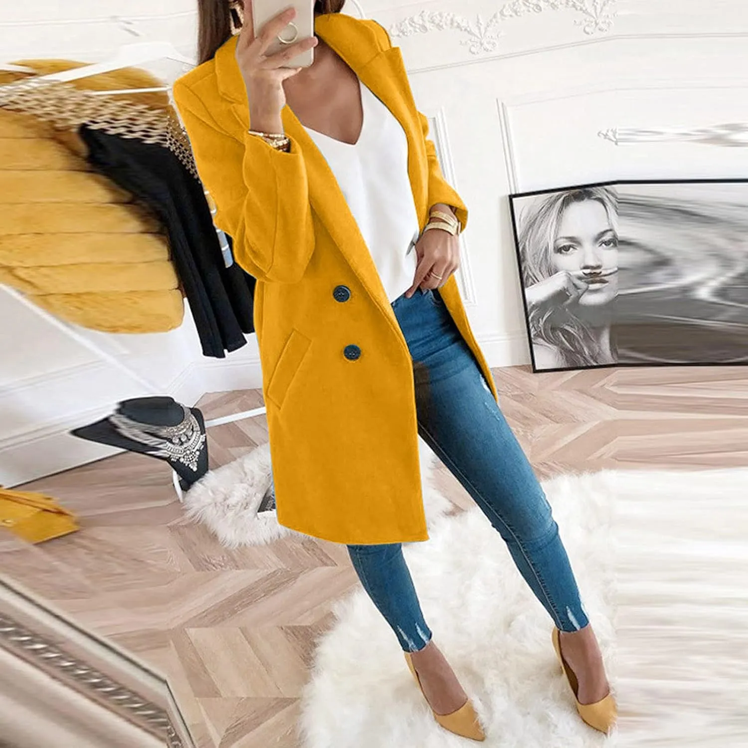 Fall Trench Coats for Women 2024 Casual Notch Lapel Single-Breasted Pea Coats Wool Blend Warm Winter Coats