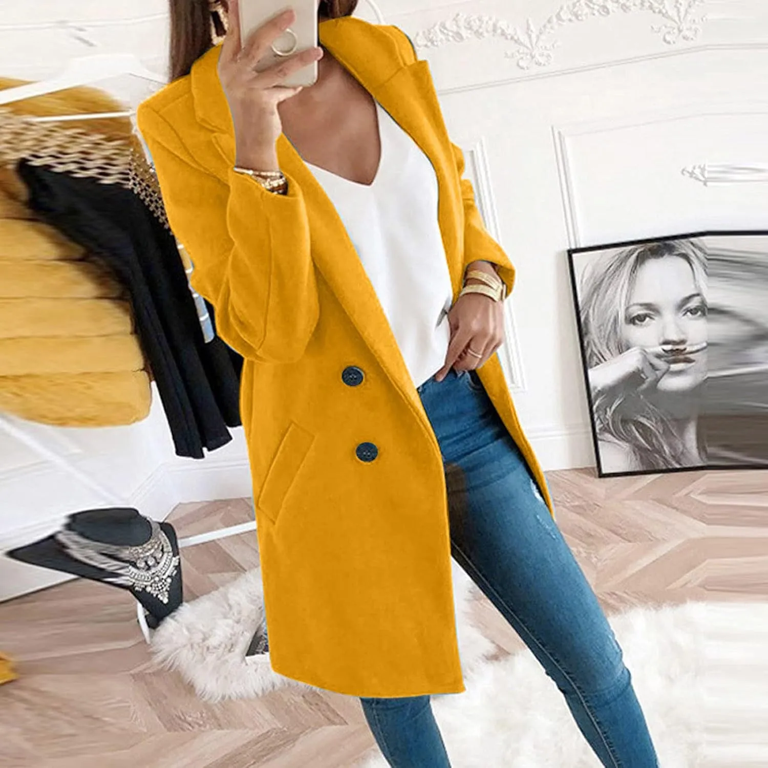 Fall Trench Coats for Women 2024 Casual Notch Lapel Single-Breasted Pea Coats Wool Blend Warm Winter Coats