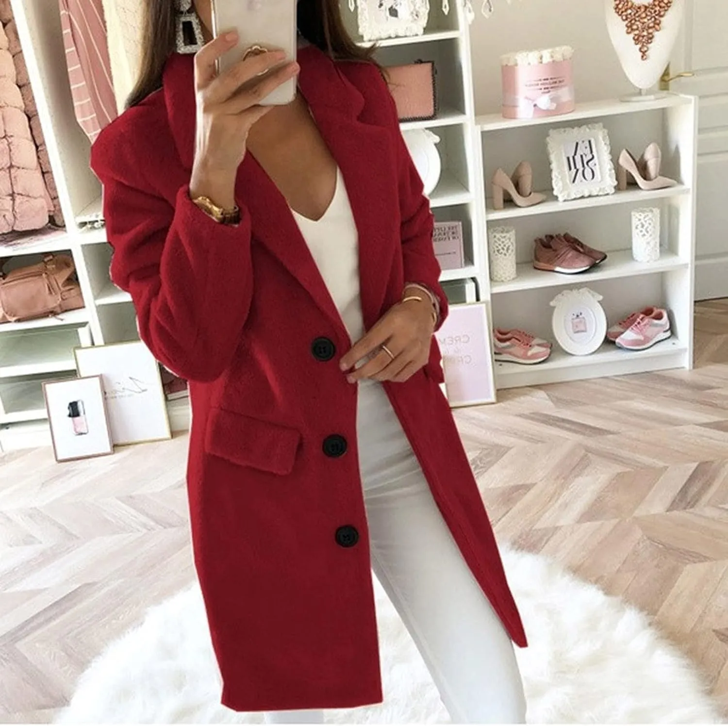 Fall Trench Coats for Women 2024 Casual Notch Lapel Single-Breasted Pea Coats Wool Blend Warm Winter Coats