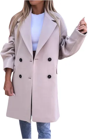 fartey Women's Trench Coats Double-Breasted Classic Lapel Overcoat Oversized Mid-Long Length Wool Blend Pea Coats