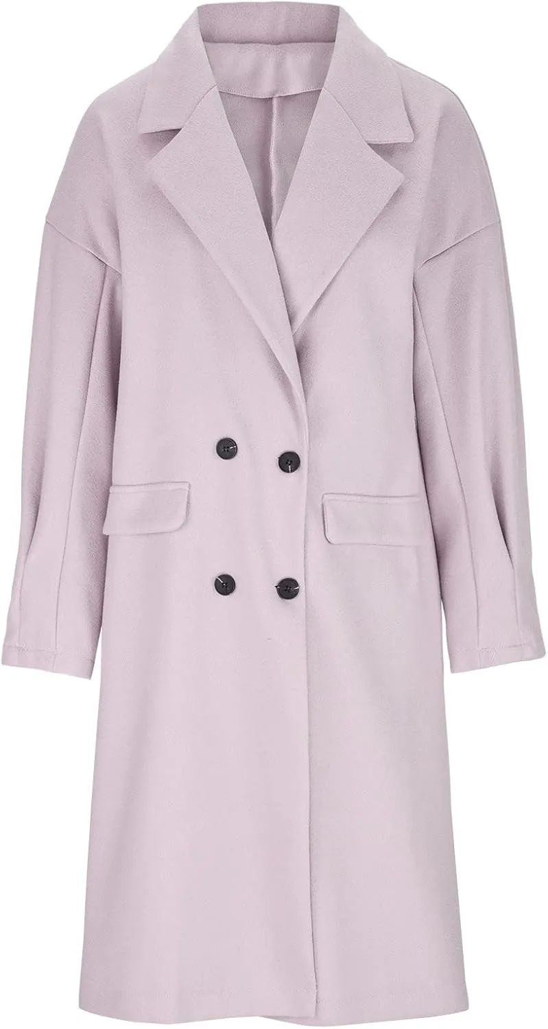 fartey Women's Trench Coats Double-Breasted Classic Lapel Overcoat Oversized Mid-Long Length Wool Blend Pea Coats