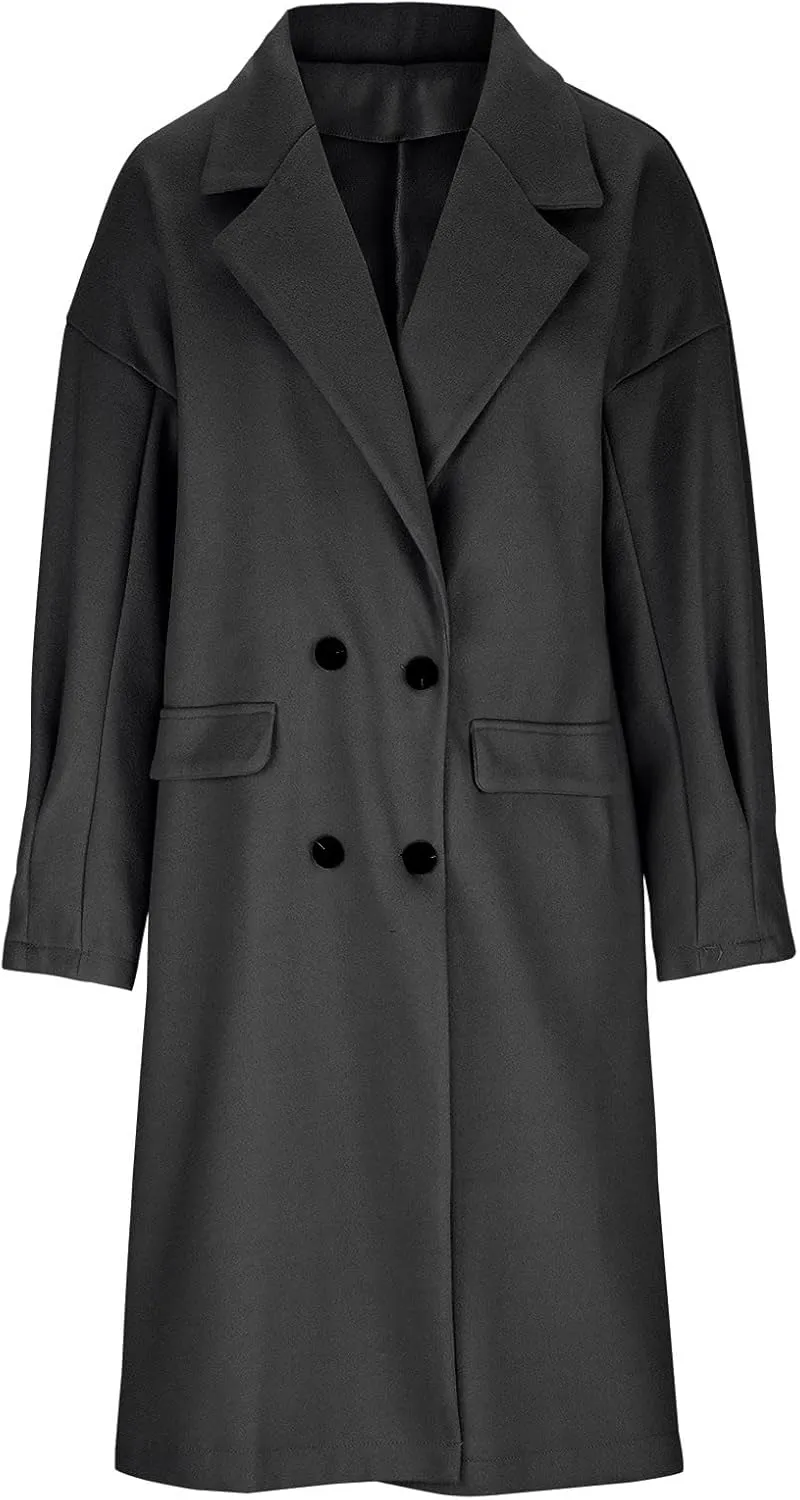 fartey Women's Trench Coats Double-Breasted Classic Lapel Overcoat Oversized Mid-Long Length Wool Blend Pea Coats