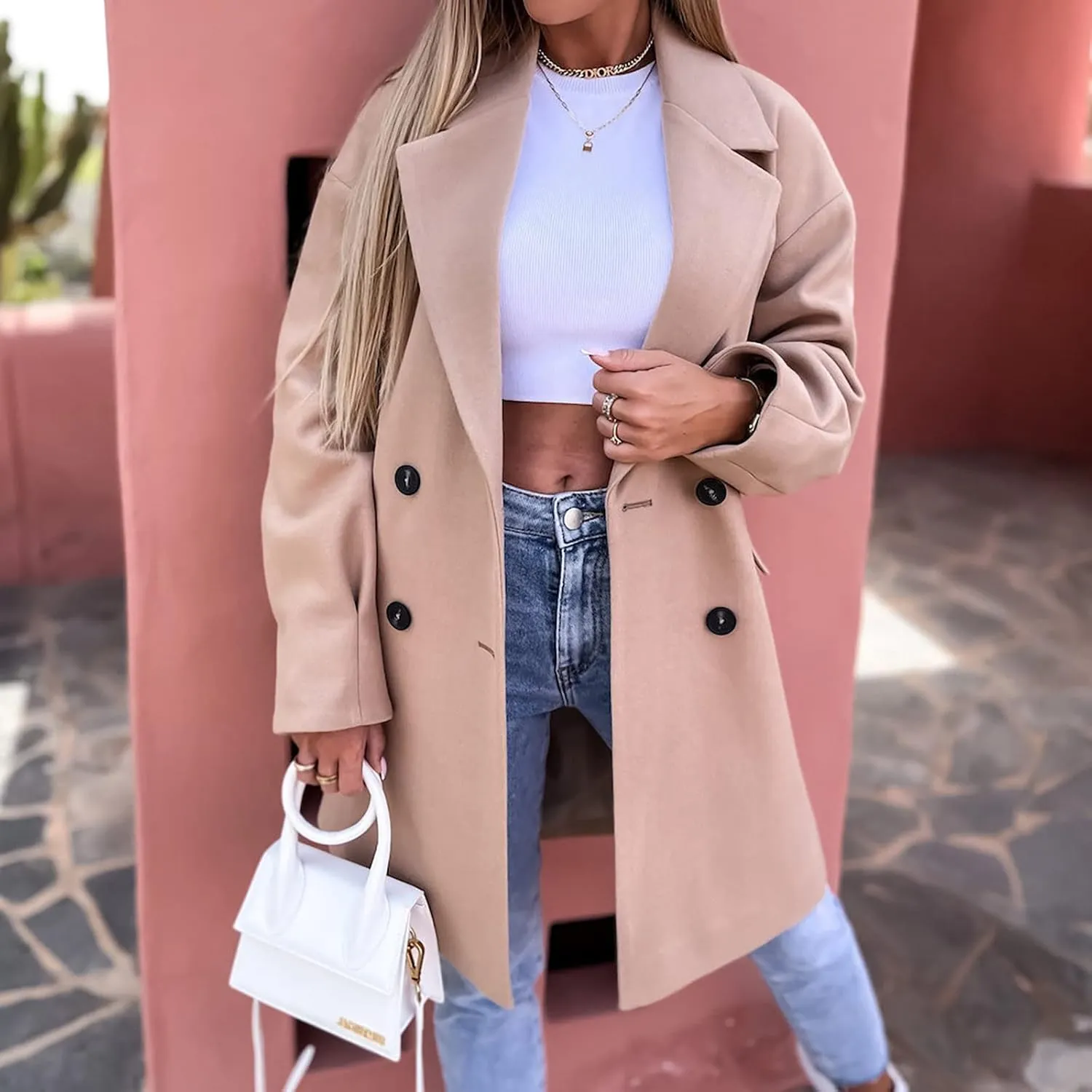 fartey Women's Trench Coats Double-Breasted Classic Lapel Overcoat Oversized Mid-Long Length Wool Blend Pea Coats