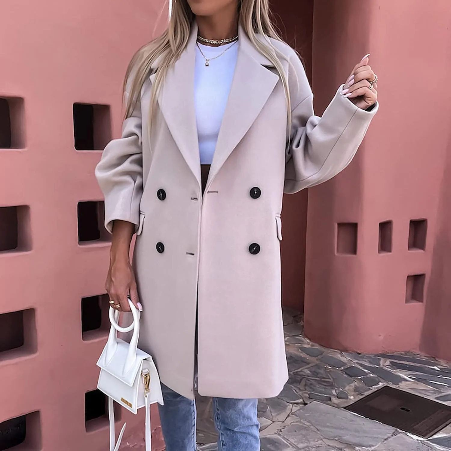 fartey Women's Trench Coats Double-Breasted Classic Lapel Overcoat Oversized Mid-Long Length Wool Blend Pea Coats