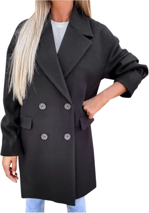 fartey Women's Trench Coats Double-Breasted Classic Lapel Overcoat Oversized Mid-Long Length Wool Blend Pea Coats