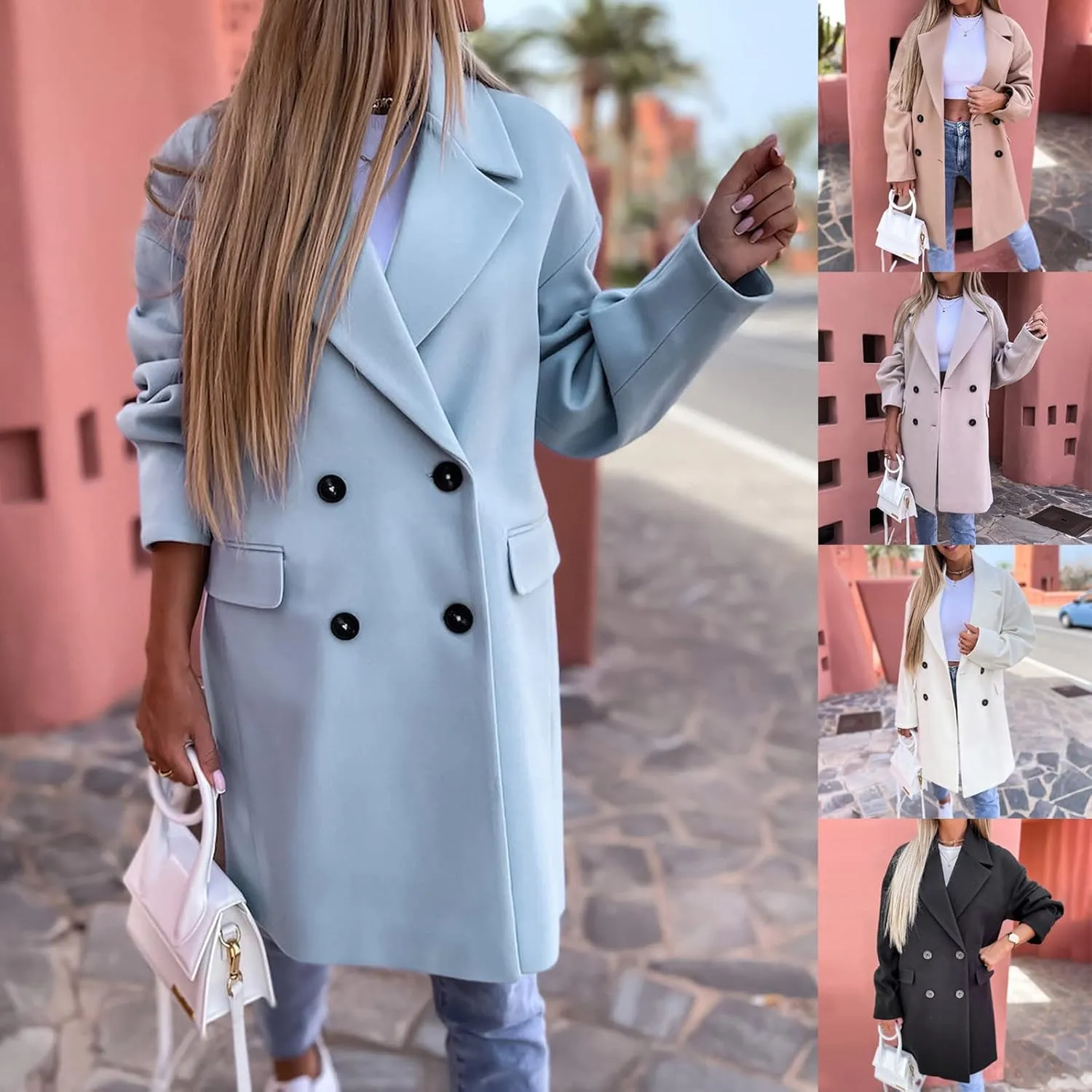 fartey Women's Trench Coats Double-Breasted Classic Lapel Overcoat Oversized Mid-Long Length Wool Blend Pea Coats