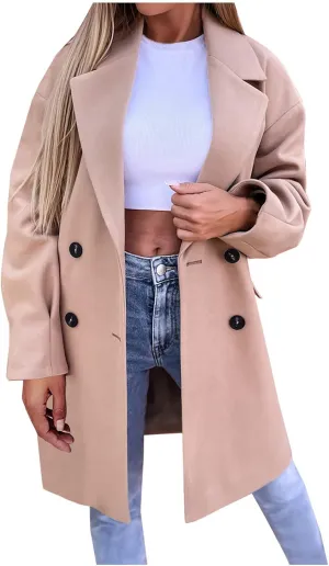 fartey Women's Trench Coats Double-Breasted Classic Lapel Overcoat Oversized Mid-Long Length Wool Blend Pea Coats