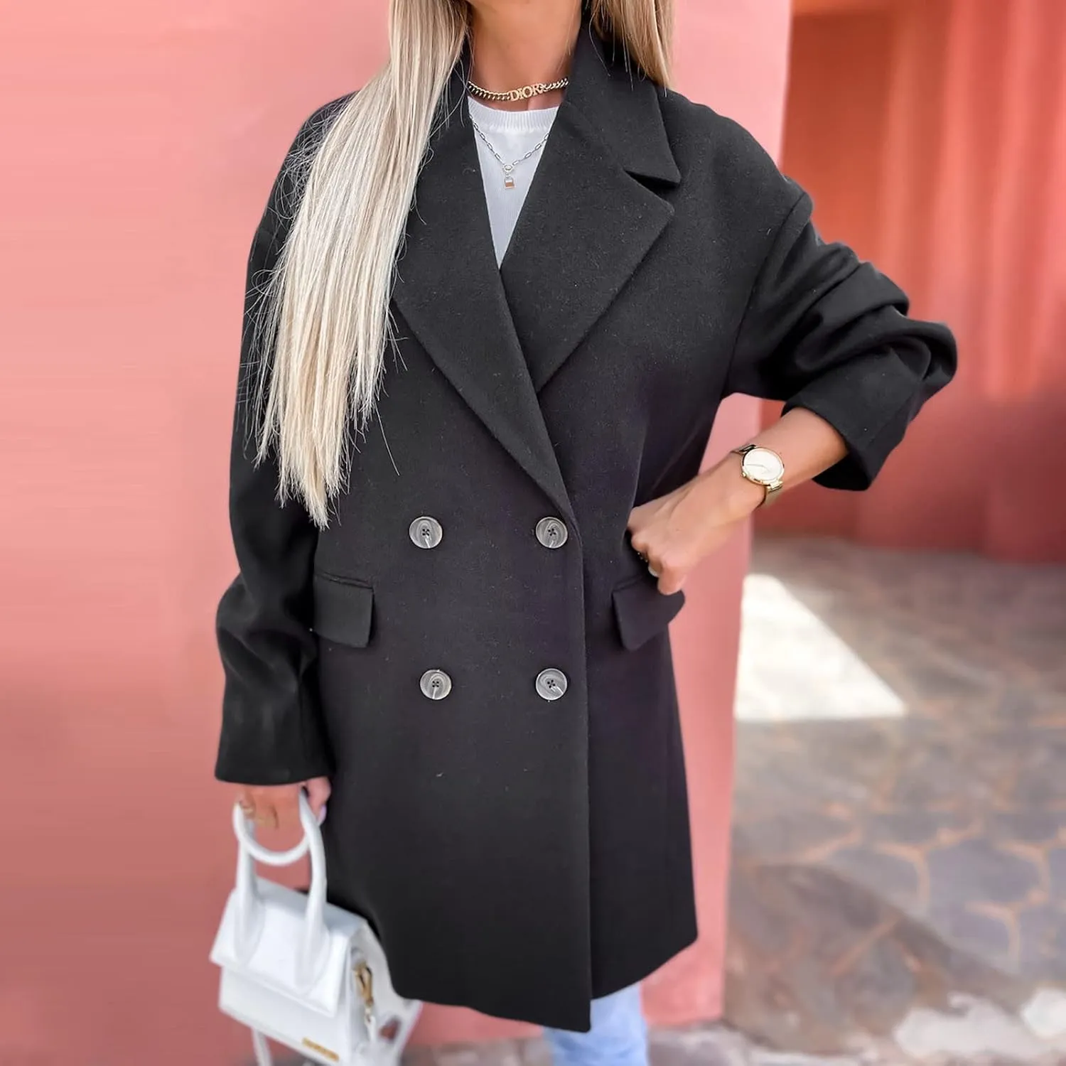 fartey Women's Trench Coats Double-Breasted Classic Lapel Overcoat Oversized Mid-Long Length Wool Blend Pea Coats
