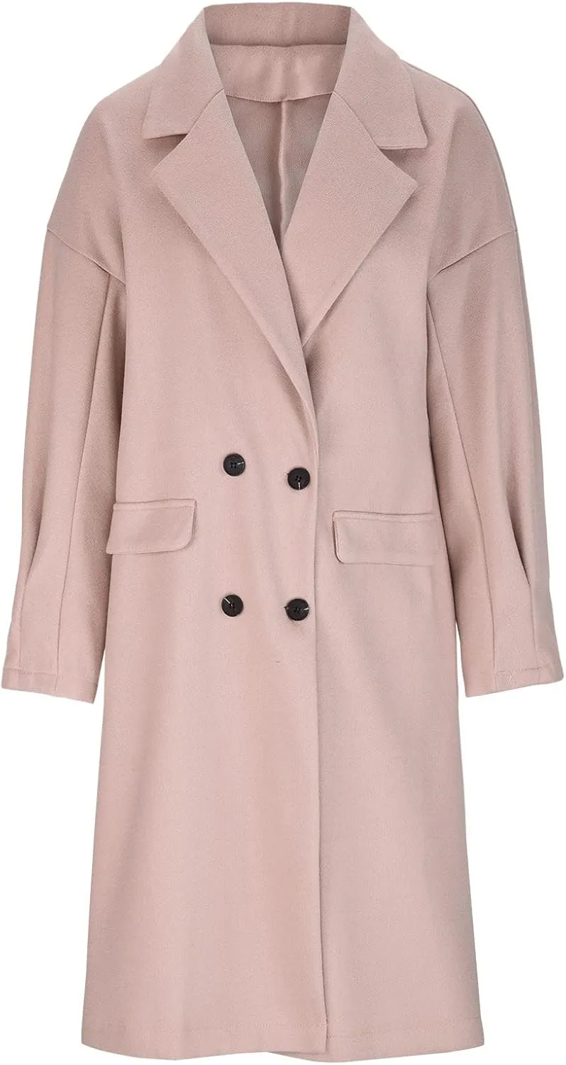 fartey Women's Trench Coats Double-Breasted Classic Lapel Overcoat Oversized Mid-Long Length Wool Blend Pea Coats
