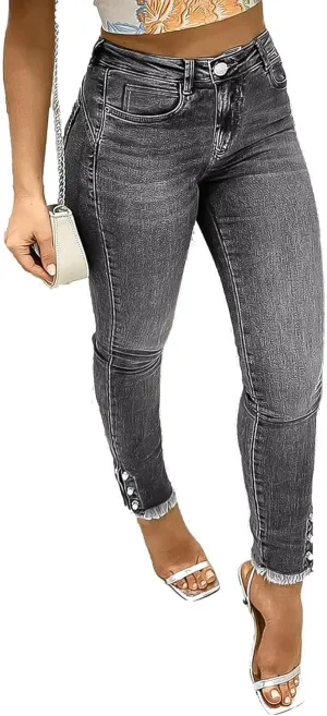 Flamingals Women's Button Side Raw Hem High Waist Skinny Jeans