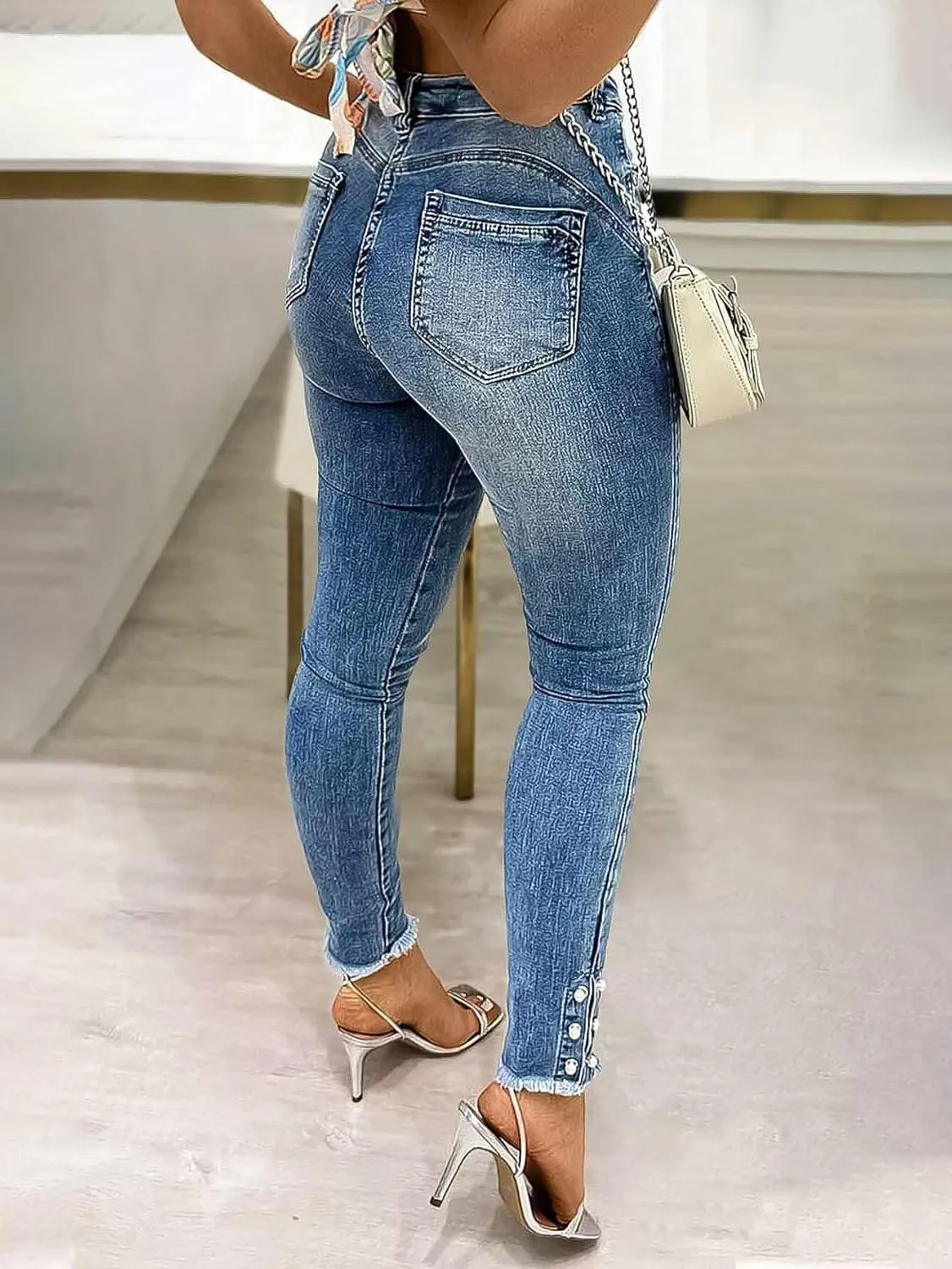 Flamingals Women's Button Side Raw Hem High Waist Skinny Jeans