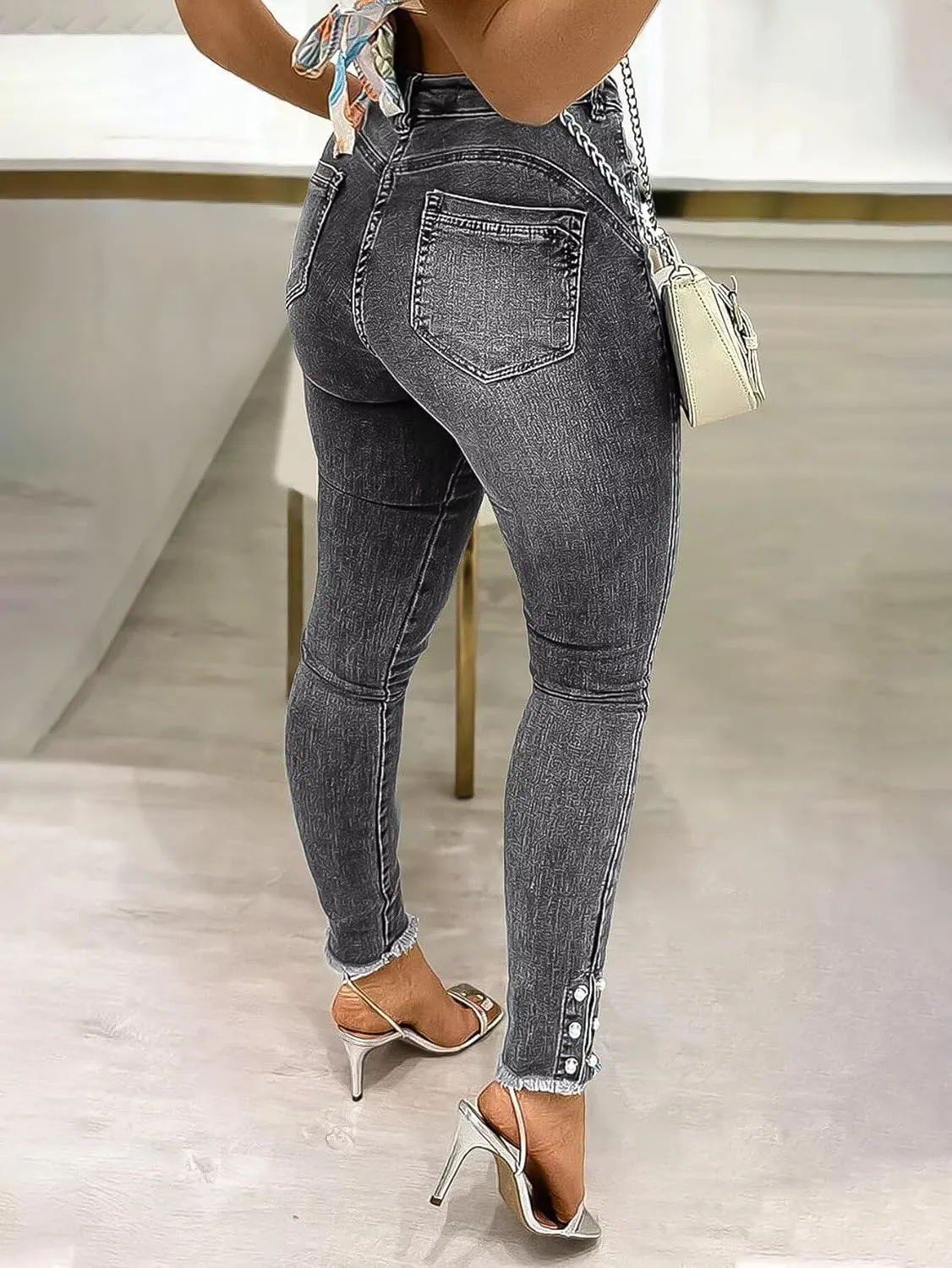 Flamingals Women's Button Side Raw Hem High Waist Skinny Jeans