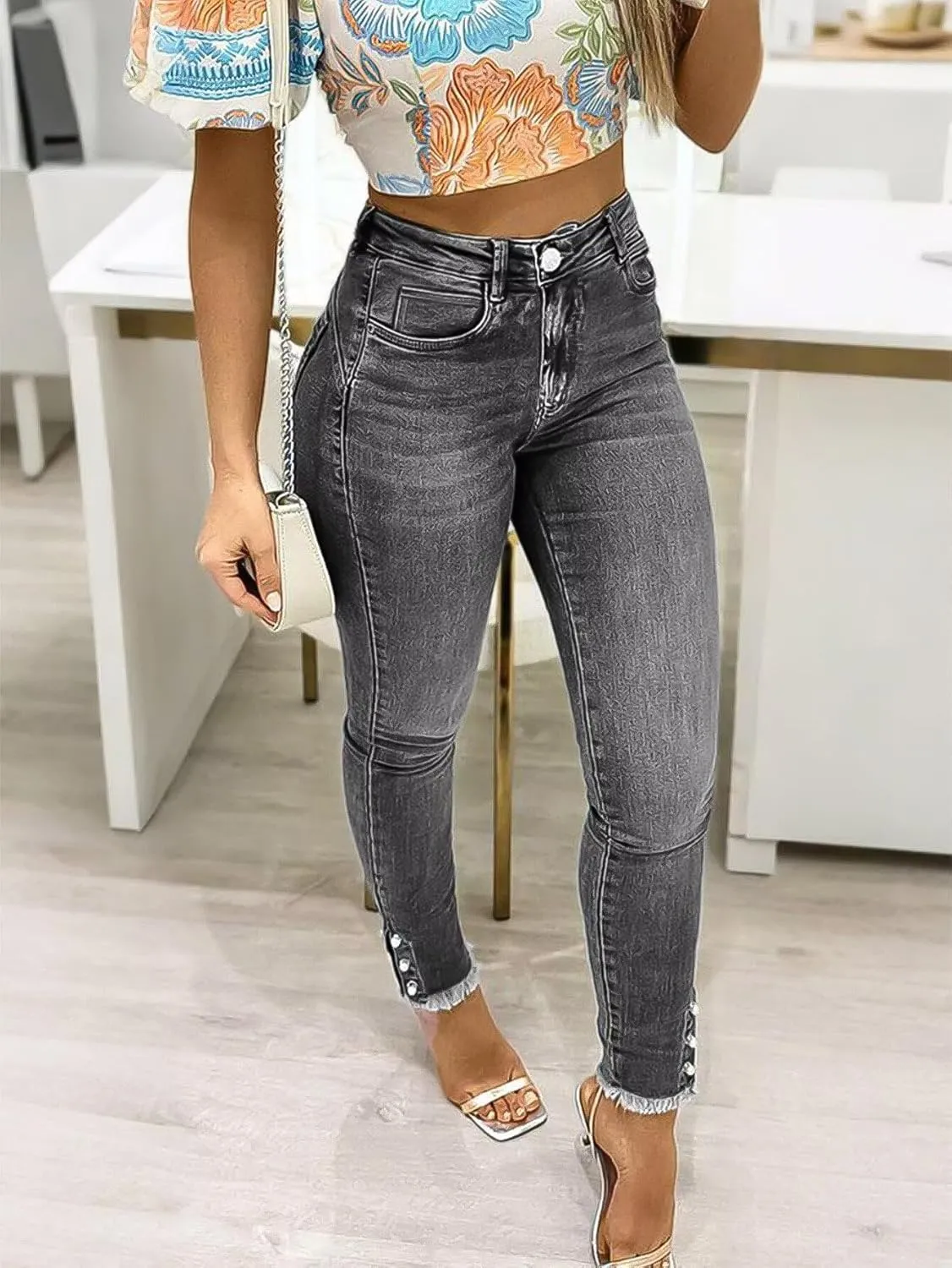 Flamingals Women's Button Side Raw Hem High Waist Skinny Jeans