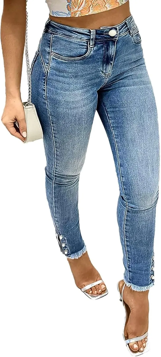 Flamingals Women's Button Side Raw Hem High Waist Skinny Jeans