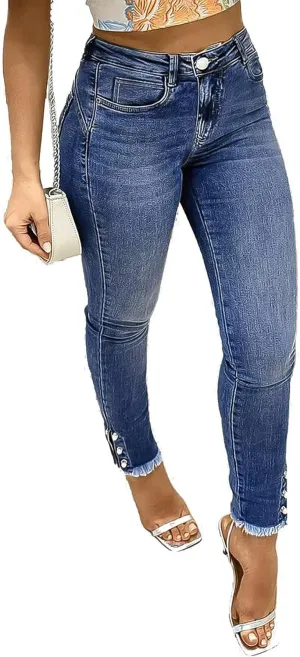 Flamingals Women's Button Side Raw Hem High Waist Skinny Jeans