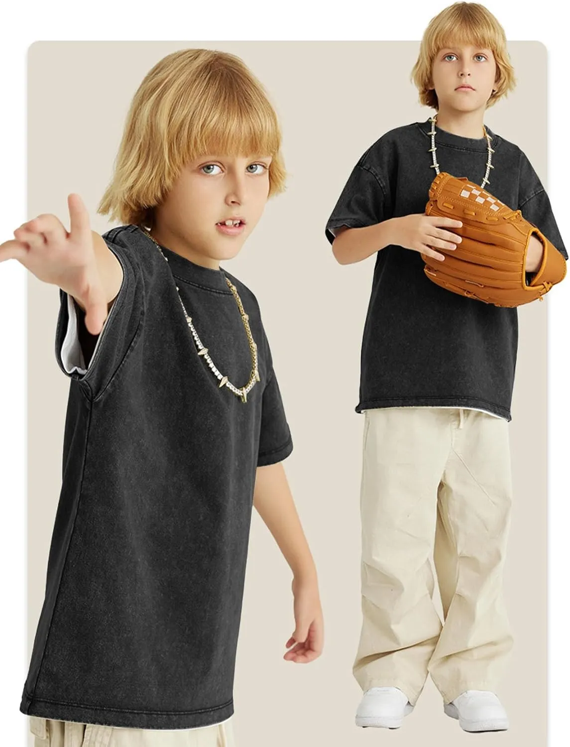 Flygo Boys Girls Cotton T-Shirts Kids Acid Wash Tshirt Vintage Unisex Casual Short Sleeve Loose Basic Tee Top