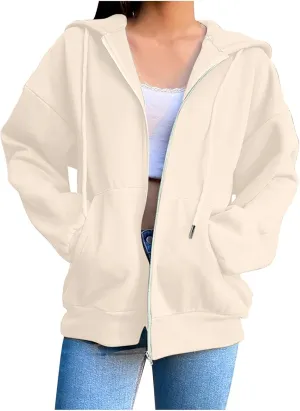 GIERIDUC Womens Zip Up Hoodies Long Sleeve Fall Oversized Sweatshirts Fleece Y2K Jacket with Pockets Trendy Fashion Clothes