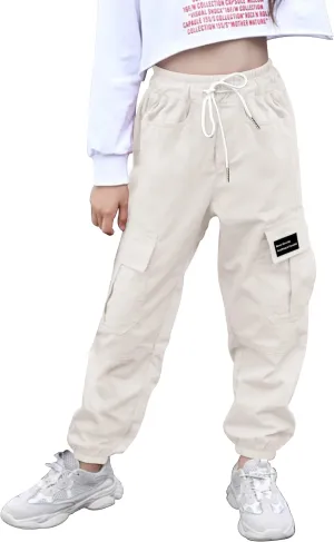 Girls Cargo Pants Elastic Waist Cotton Kids Jogger Pants with Multi Pockets