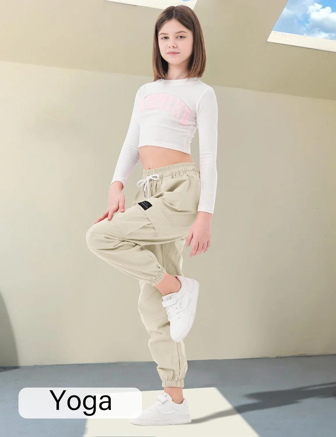 Girls Cargo Pants Elastic Waist Cotton Kids Jogger Pants with Multi Pockets