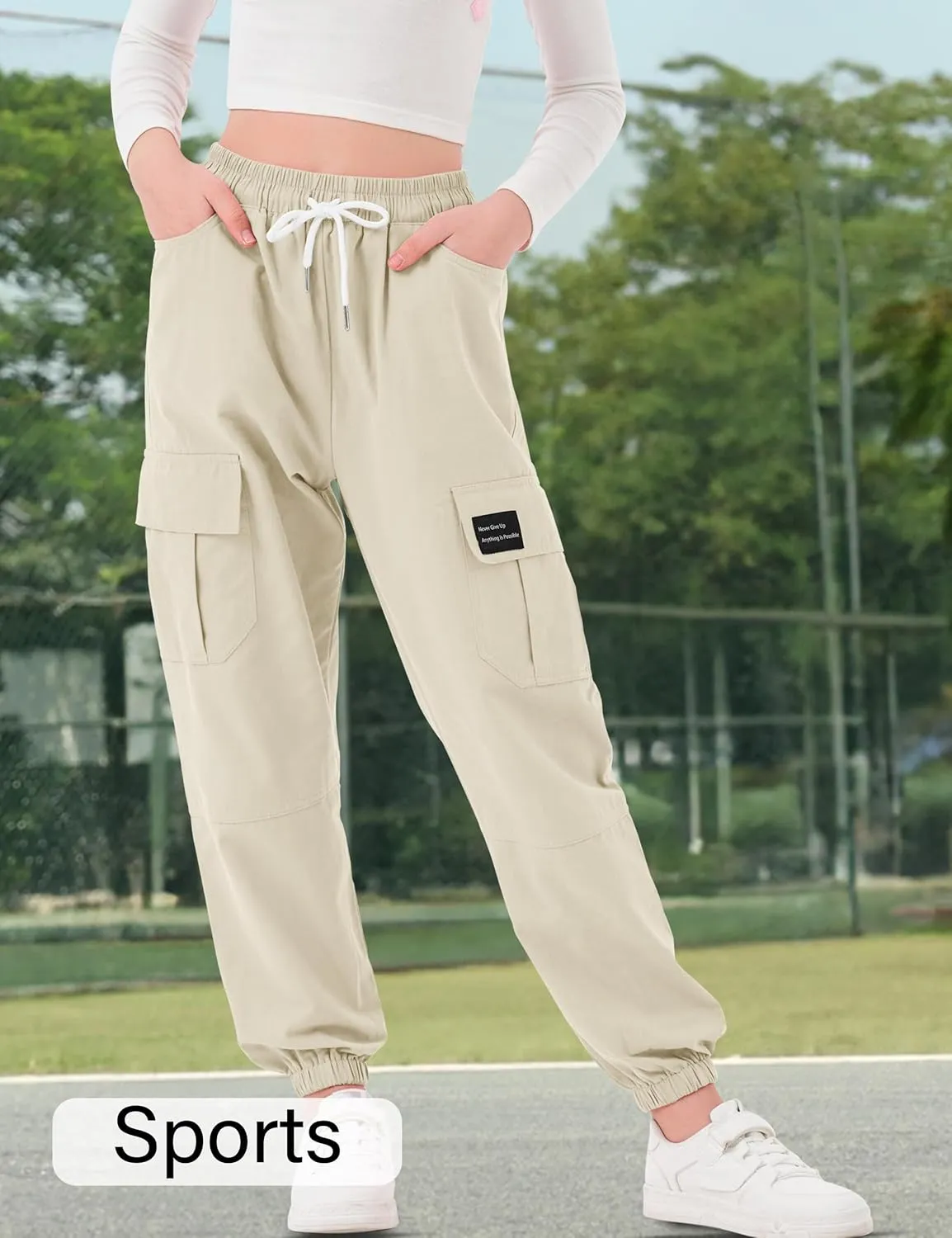 Girls Cargo Pants Elastic Waist Cotton Kids Jogger Pants with Multi Pockets
