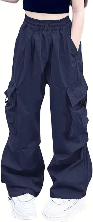 Girls Cargo Pants Elastic Waist Drawstring with Pockets Pants, 6-14 Years
