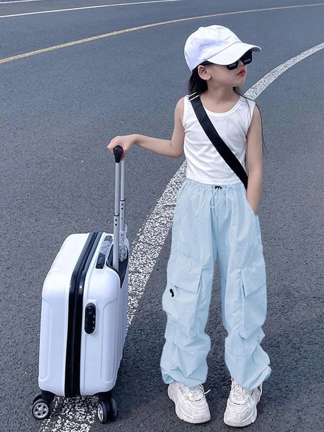 Girls Cargo Pants Elastic Waist Drawstring with Pockets Pants, 6-14 Years