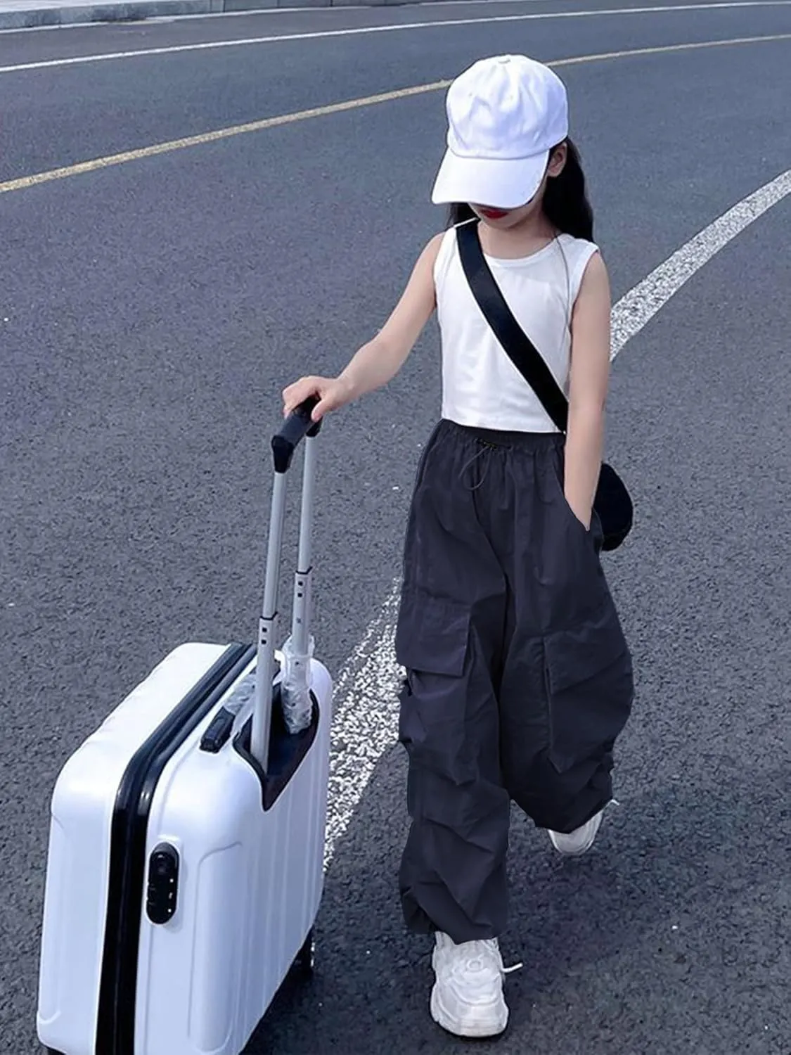 Girls Cargo Pants Elastic Waist Drawstring with Pockets Pants, 6-14 Years