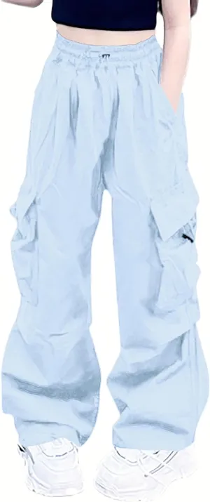 Girls Cargo Pants Elastic Waist Drawstring with Pockets Pants, 6-14 Years