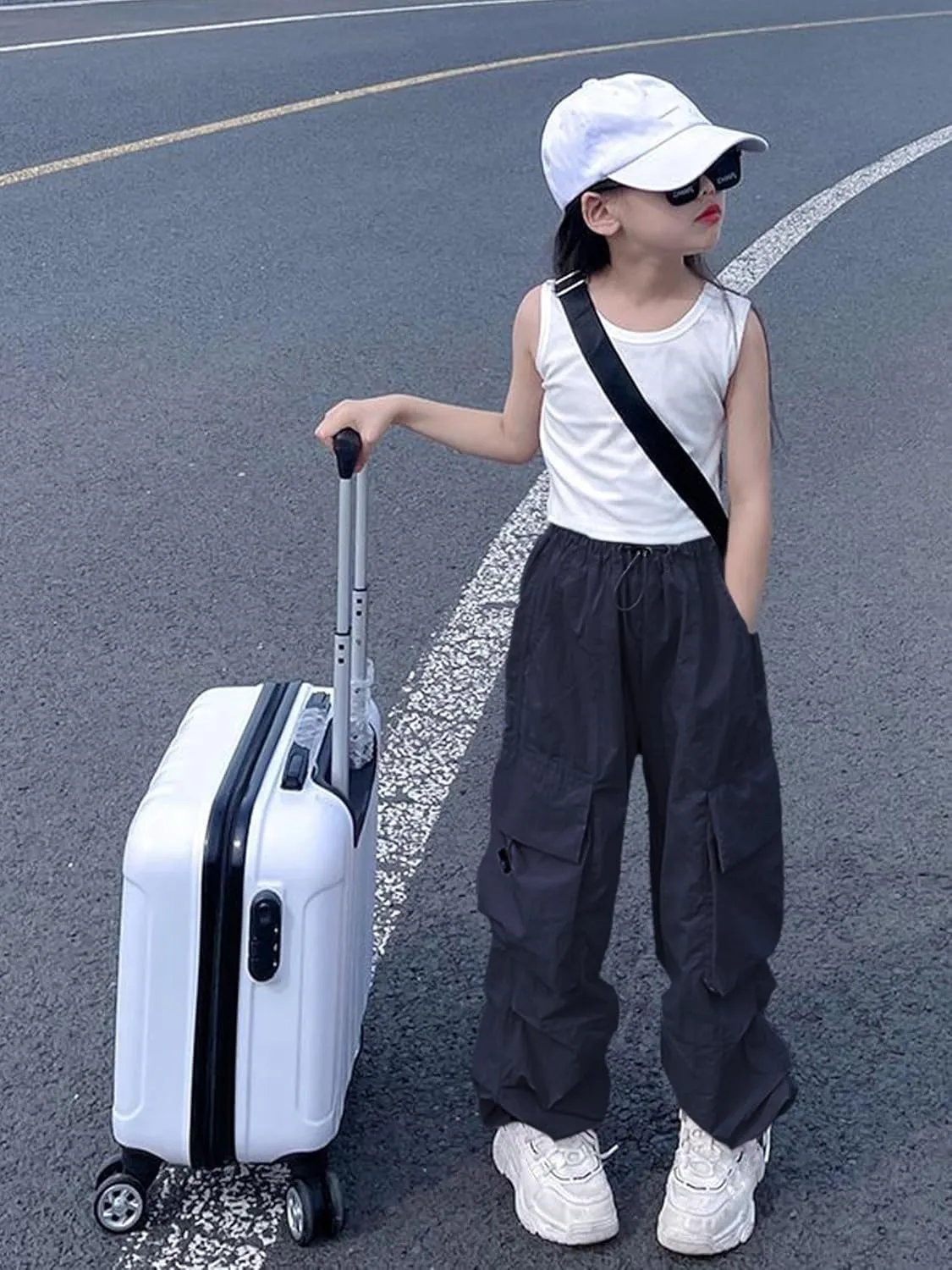 Girls Cargo Pants Elastic Waist Drawstring with Pockets Pants, 6-14 Years