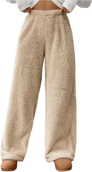 Girl's Fuzzy Plush Pants Elastic Waist Straight Leg Pants Loose Casual Trousers