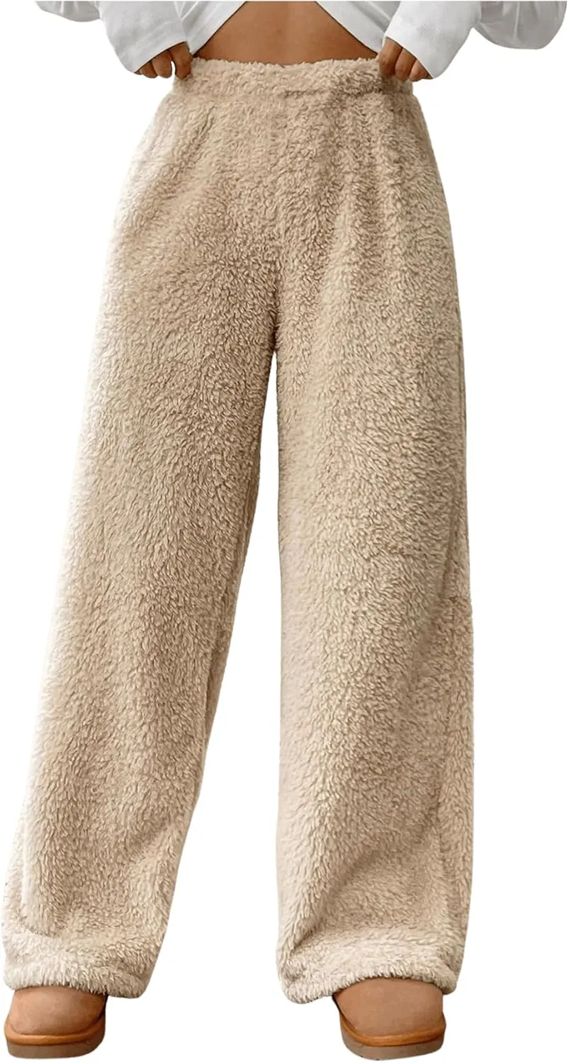 Girl's Fuzzy Plush Pants Elastic Waist Straight Leg Pants Loose Casual Trousers