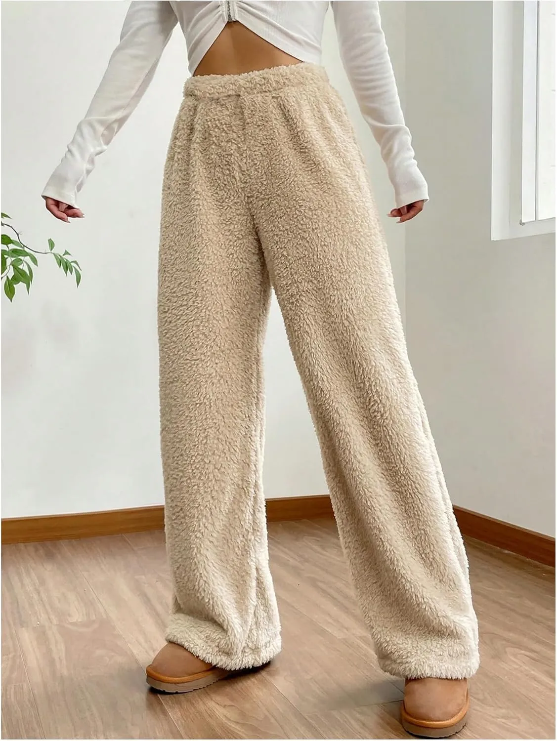 Girl's Fuzzy Plush Pants Elastic Waist Straight Leg Pants Loose Casual Trousers