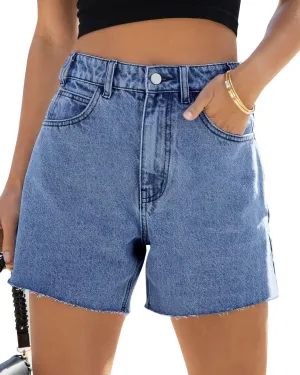 Goranbon Women's High Waisted Jean Shorts Straight Leg Raw Hem Retro Denim Shorts Summer Hot Pants with Pockets