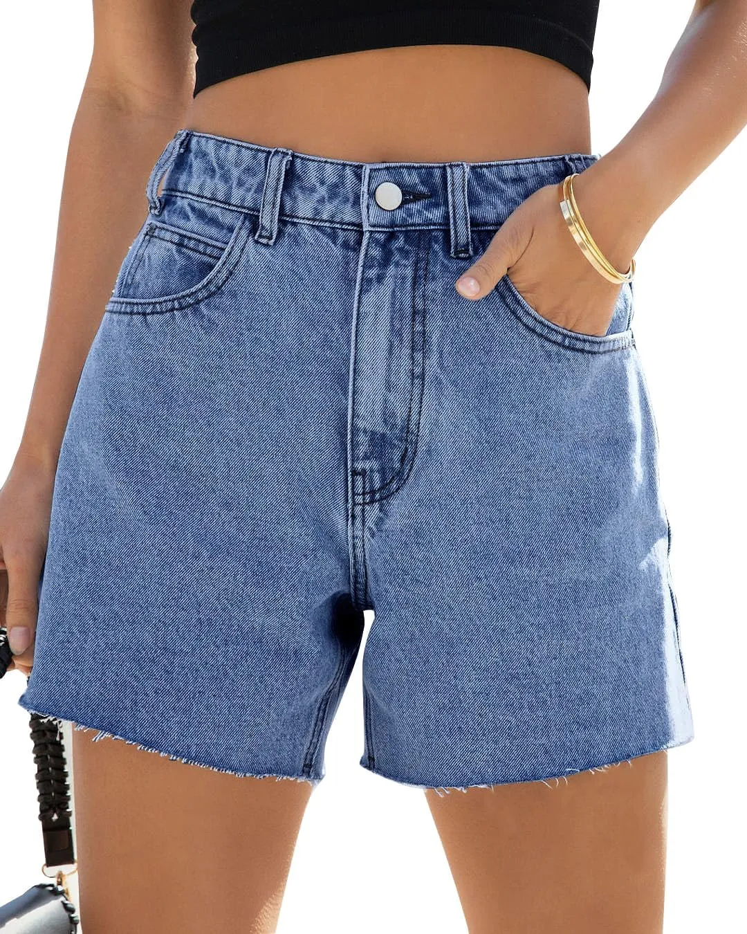 Goranbon Women's High Waisted Jean Shorts Straight Leg Raw Hem Retro Denim Shorts Summer Hot Pants with Pockets