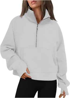 Half Zip Sweatshirts for Women Cropped Fleece Pullover Tops Thumb Hole Long Sleeve Hoodies Winter Clothes Sweaters