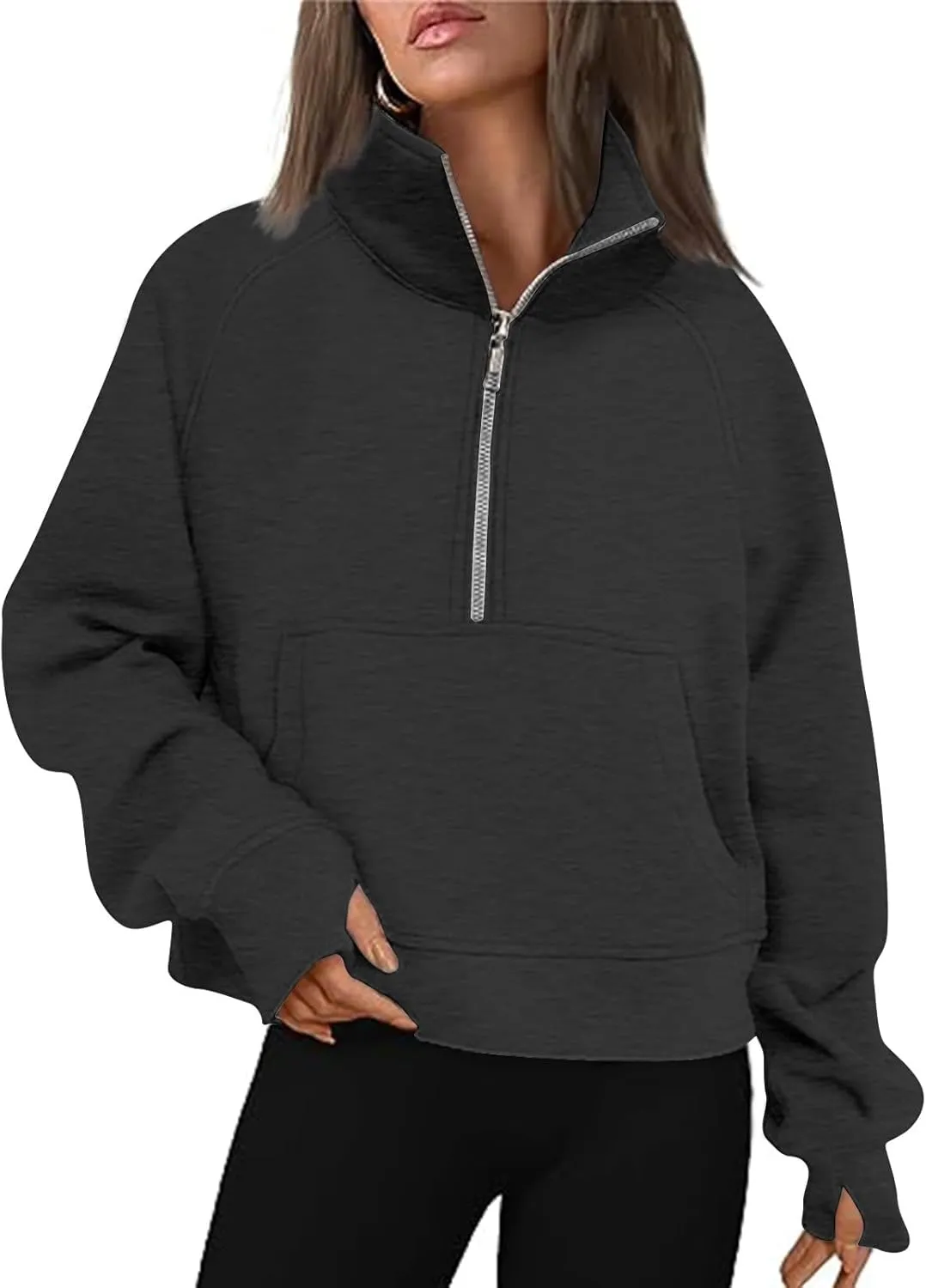 Half Zip Sweatshirts for Women Cropped Fleece Pullover Tops Thumb Hole Long Sleeve Hoodies Winter Clothes Sweaters
