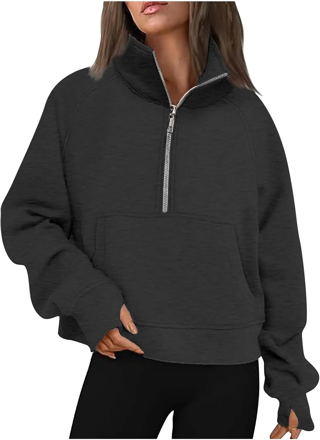 Half Zip Sweatshirts for Women Cropped Fleece Pullover Tops Thumb Hole Long Sleeve Hoodies Winter Clothes Sweaters