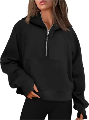 Half Zip Up Hoodies for Women Cropped Casual Fleece Hooded Sweatshirt Trendy Thumb Hole Long Sleeve Shirts Pullover