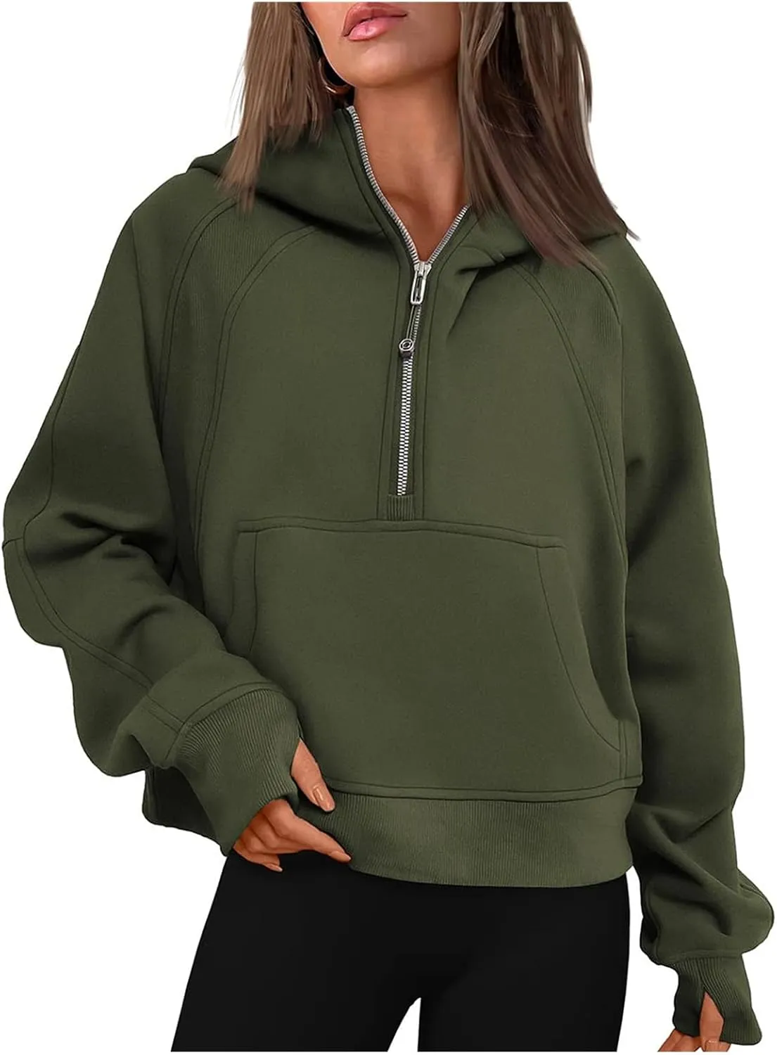 Half Zip Up Hoodies for Women Cropped Casual Fleece Hooded Sweatshirt Trendy Thumb Hole Long Sleeve Shirts Pullover