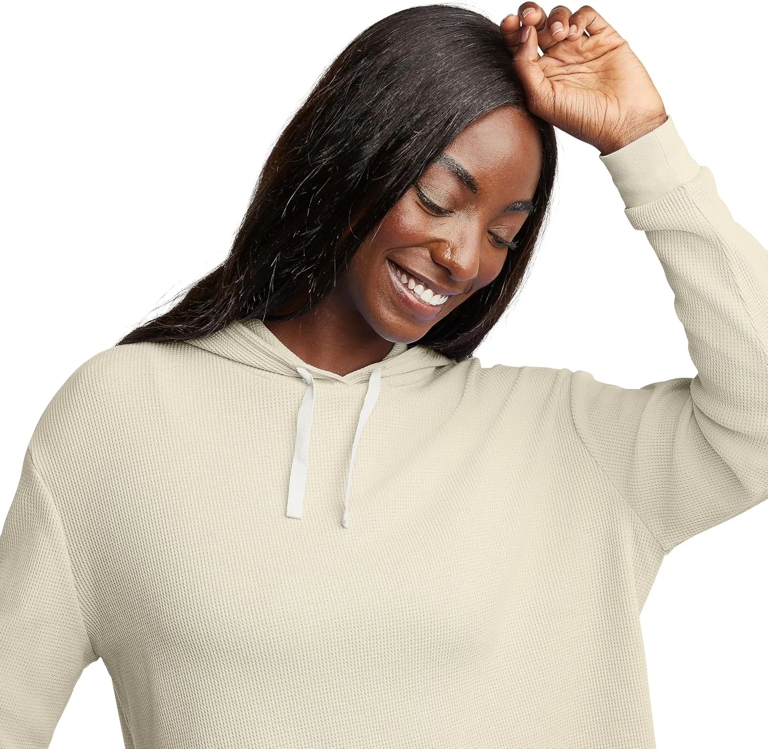 Hanes Originals Womens Hoodies Casual Long Sleeve Drawstring Waffle Pullover Tops Loose Hooded Sweatshirt