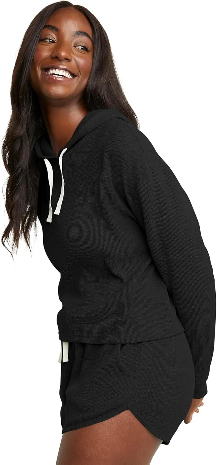 Hanes Originals Womens Hoodies Casual Long Sleeve Drawstring Waffle Pullover Tops Loose Hooded Sweatshirt