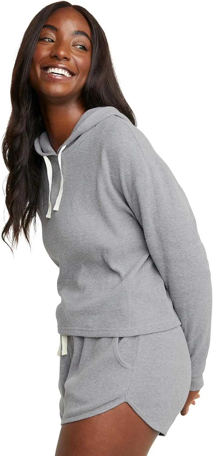 Hanes Originals Womens Hoodies Casual Long Sleeve Drawstring Waffle Pullover Tops Loose Hooded Sweatshirt