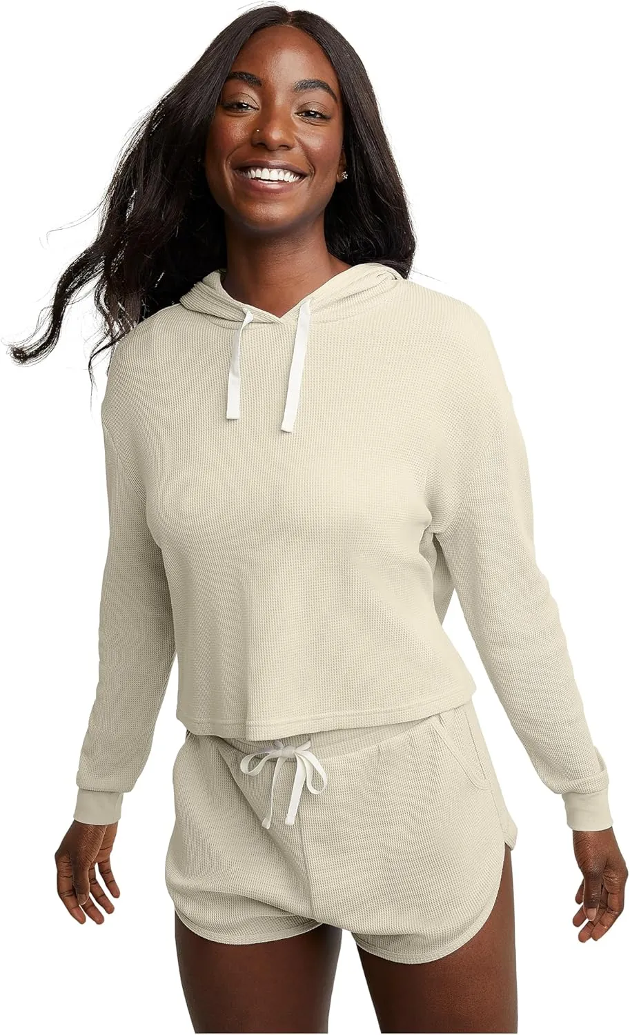 Hanes Originals Womens Hoodies Casual Long Sleeve Drawstring Waffle Pullover Tops Loose Hooded Sweatshirt