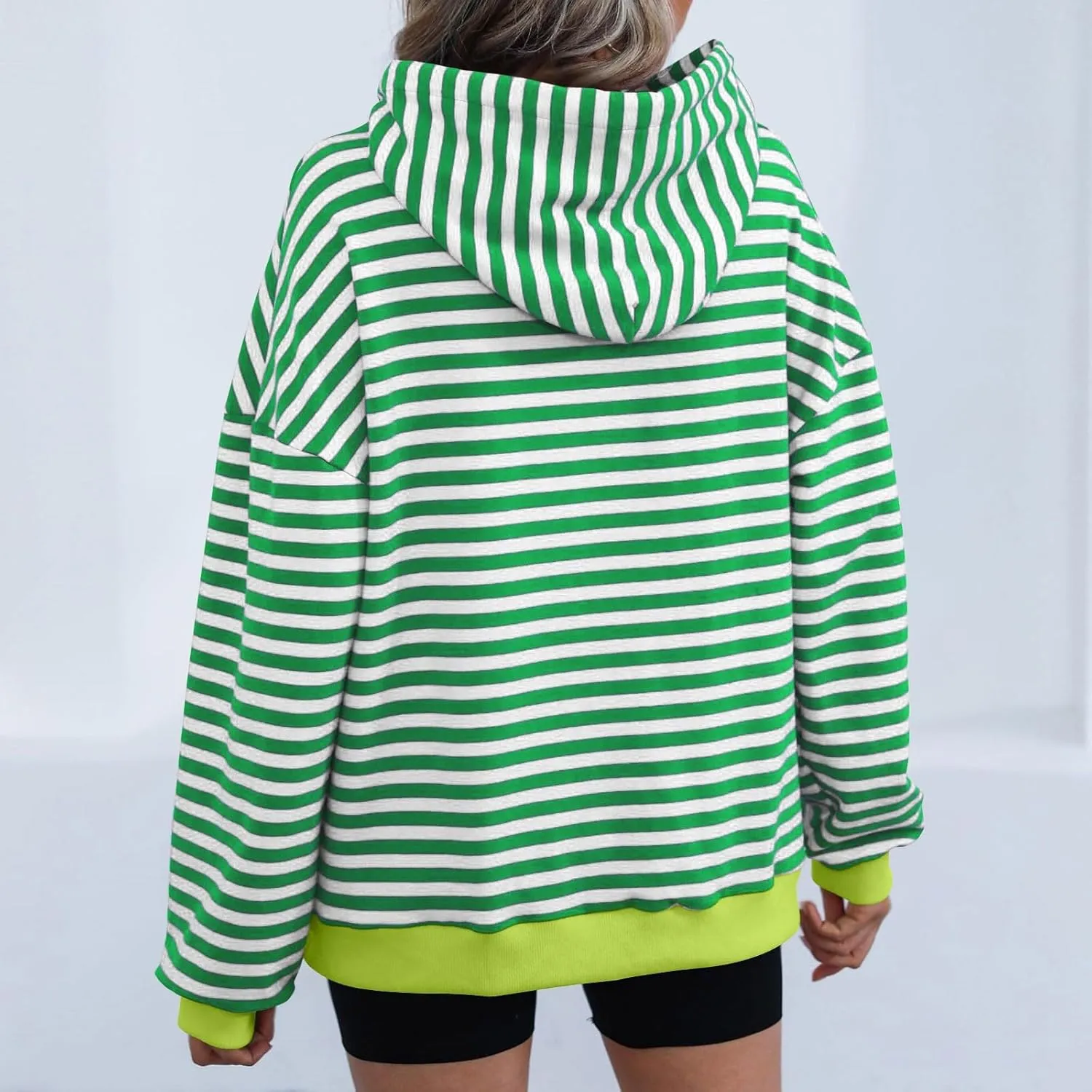 Hoodies for Women Striped Color Block Oversized Sweatshirt Drwastring Long Sleeve Fashion Pullover Sweater With Pocket